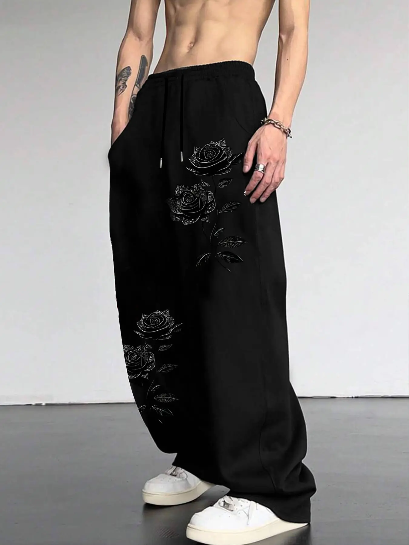 Men's Rose Print Drawstring Waist Knitted Sports Pants, Casual Sporty Pants, Casual Comfortable Jogging Pants, Classic Versatile Fashion Men's Pants