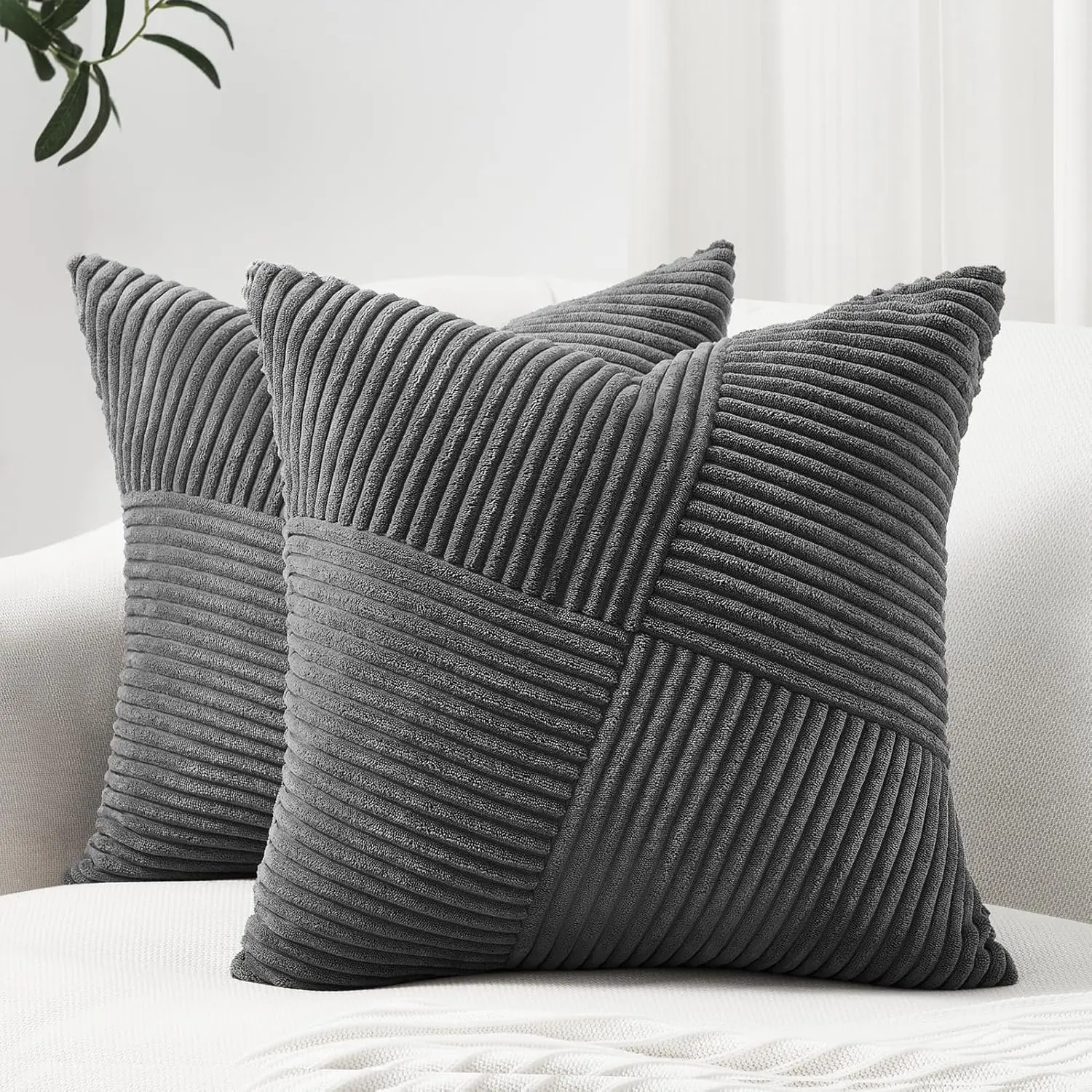 2-Pack Dark Grey Knit Corduroy Throw Pillow Covers, 22x22 in Boho Textured Striped Patchwork Cushions, Soft Decor for Couch Sofa Bed, Room Decor