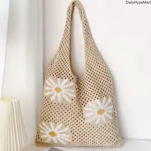 Boho Flower Crochet Tote Bag, Handmade Shoulder Bag for Beach & Everyday Use