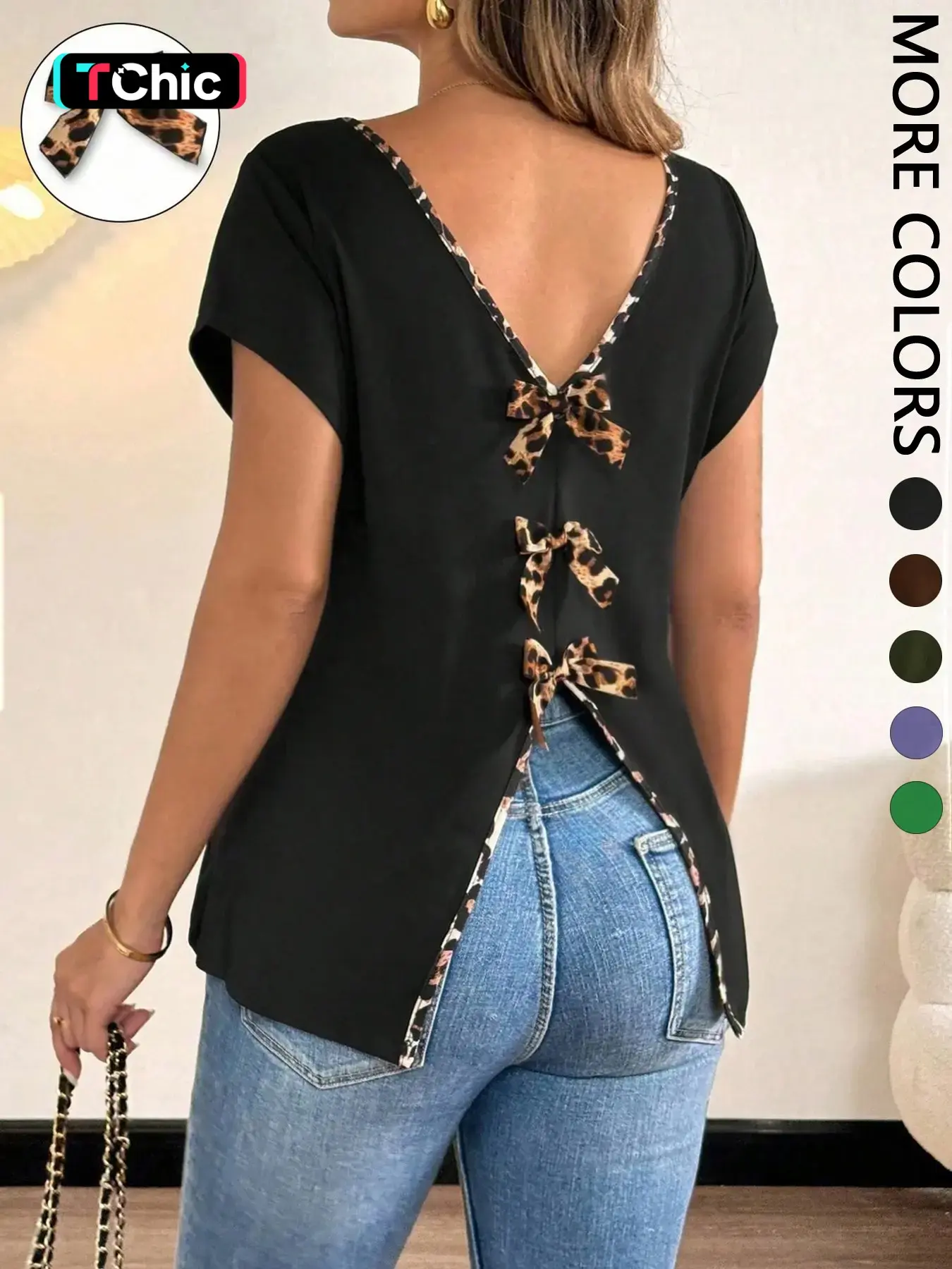 Women's Double V-Neck Short Sleeve Casual T-Shirt, Leopard Contrast Binding, Back Slit with Bow Accents, High Stretch Knit Fabric for Daily and Weekend Wear