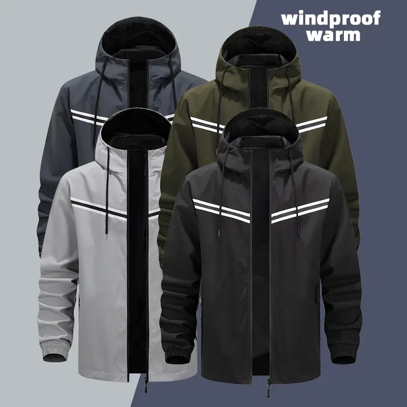 Men's hooded windproof jacket with decorative drawstring brim, zipper closure, breathable, suitable for spring and autumn, suitable for commuting and outdoor activities, warm, workwear top, loose-fitting, drop-shoulder design, casual, storm jacket
