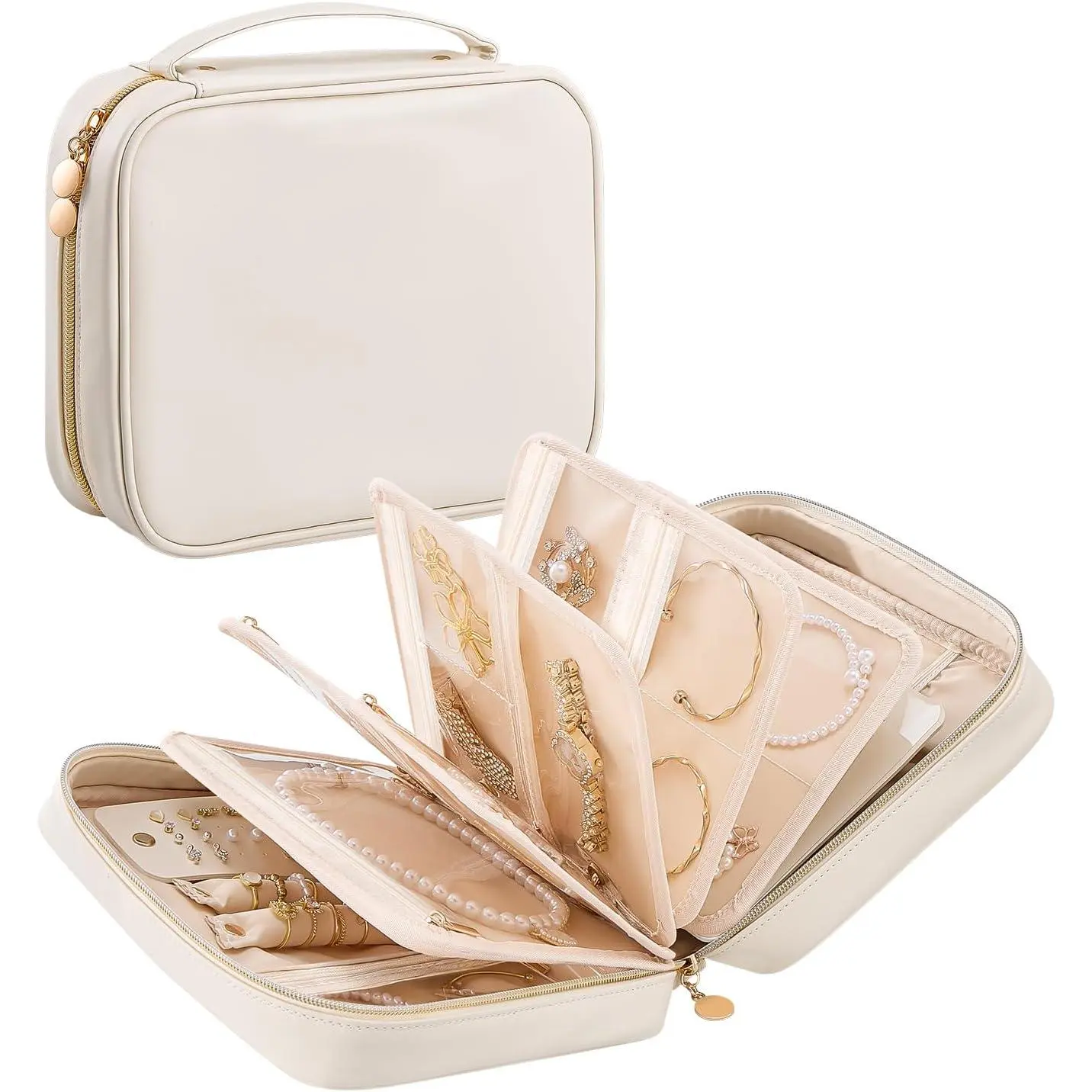 Travel Jewelry Notebook Organizer Case, Large Jewelry Binder Book with Individual Pouches, Portable Leather Zippered Bag for Storage of Earring, Ring & Necklace, Gift for Women -Beige