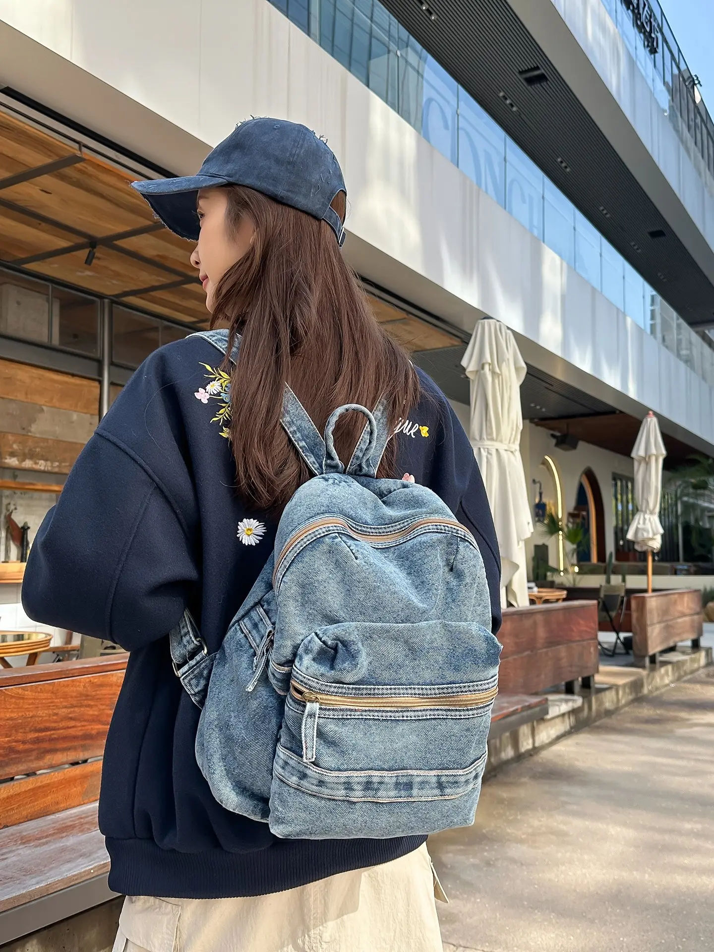 Vintage Washed Backpack, American Style Preppy Design, Unisex Denim School Bag, Large Capacity Commuter Backpack, All-Season Use