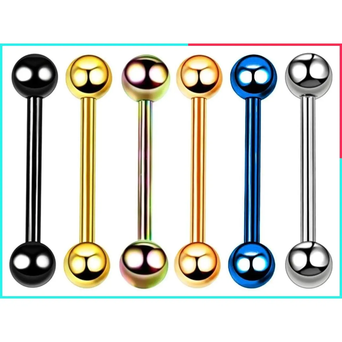 6-Piece 14G Surgical Steel Mixed Color Barbell Tongue Ring Straight Bar Stud Piercing Jewelry Set 5/8" Length