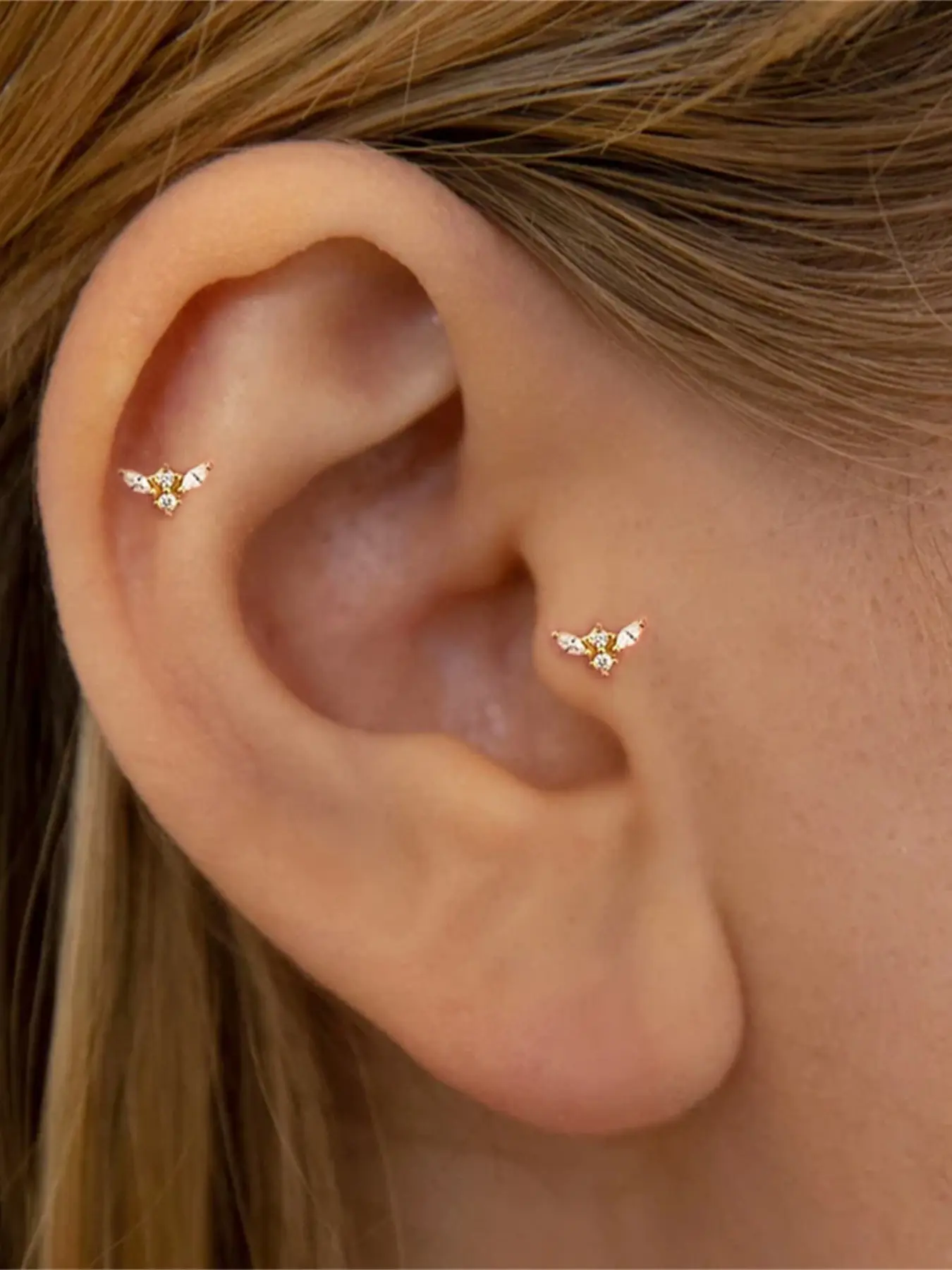 1pc Gold Plated 925 Sterling Silver Marquise Spliced Zircon Small Size Thread Flat Back Cartilage Piercing Earring, Anti-Allergic Design, Comfortable To Wear, Chic Ear Bone Piercing Jewelry For Women