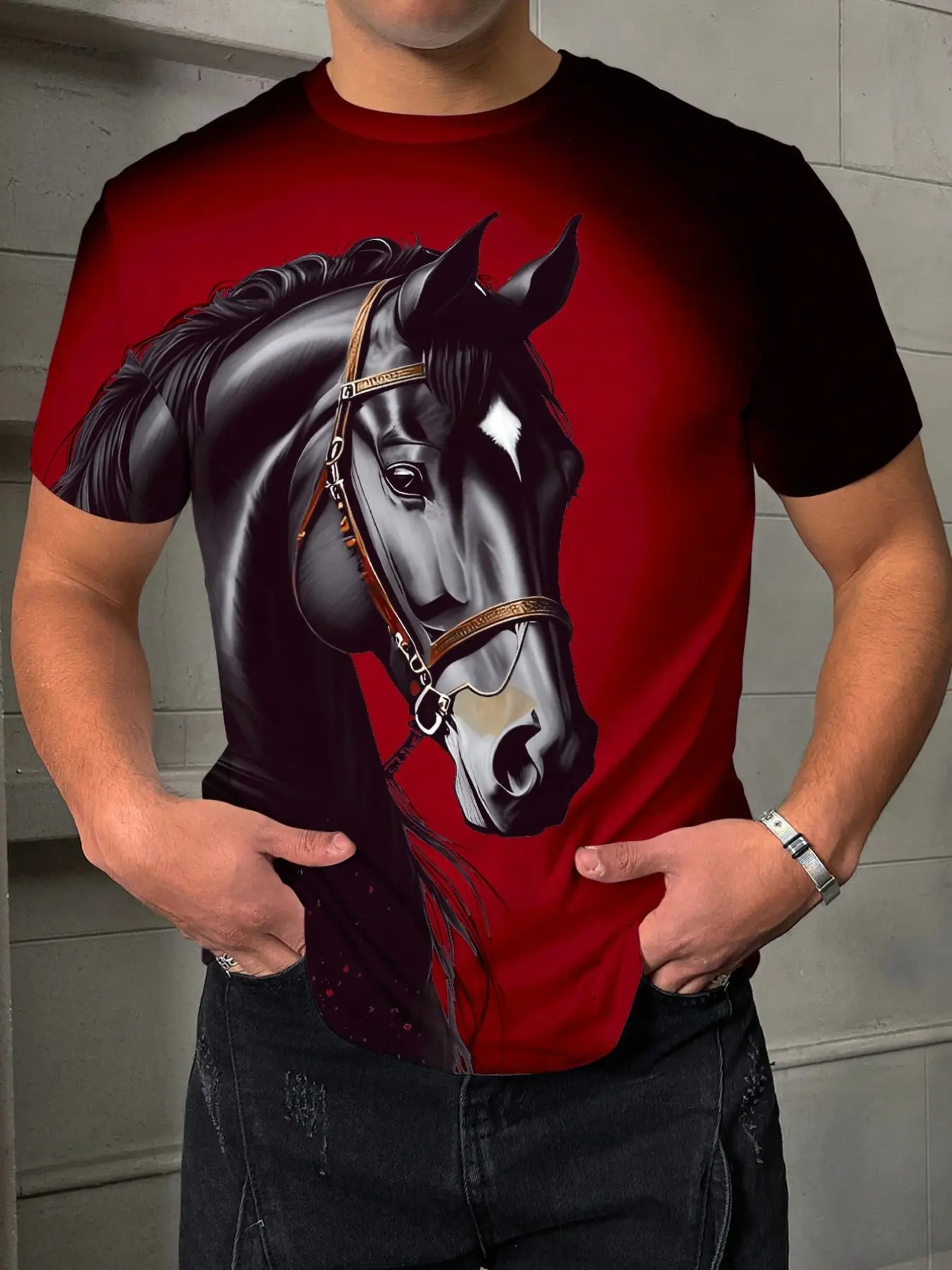 Men's Summer Casual Gradient Horse Print Round Neck Short Sleeve T-Shirt, Loose-Fitting, All Seasons, Printed T-Shirt for Men