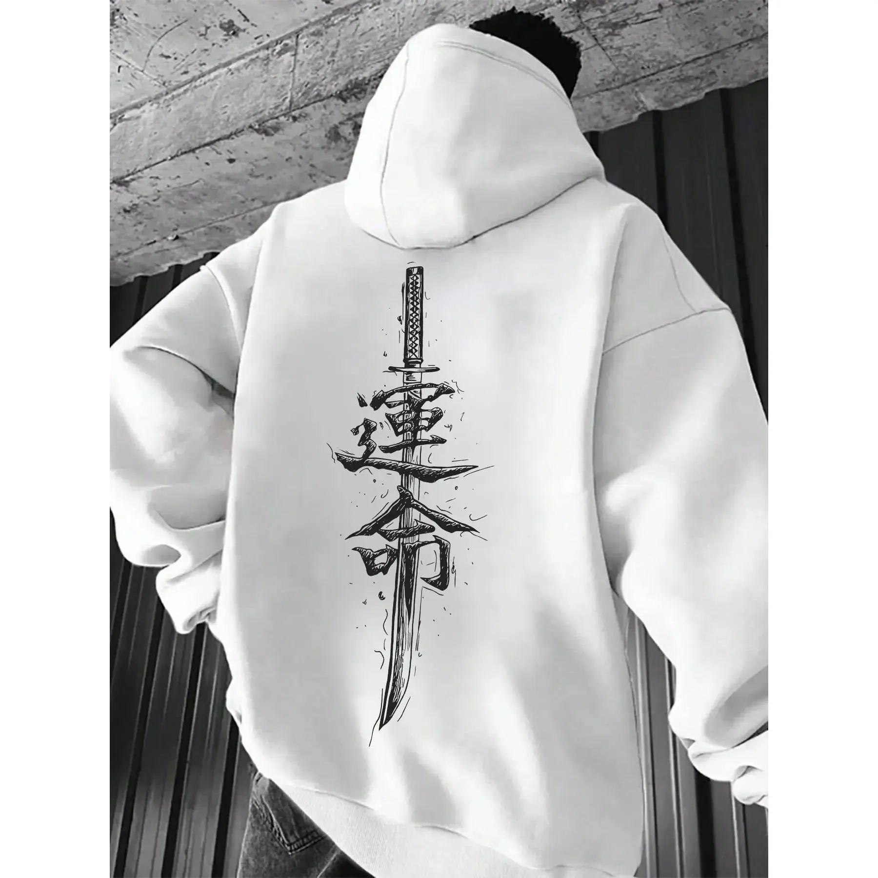 Japanese Samurai Fate Hoodie for Men - Oversized Knit Long Sleeve Fitted Pullover Sweatshirt with Katana & Kanji Print, Graphic Print Hoodie, 2025 Trendy Anime Casual Streetwear, Casual Soft Sweatshirt, Casual Fashion Sweatshirt, Casual Hooded Sweatshirt