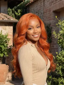 Ginger Orange Wavy Wig 13x4 Lace Front Wig Pre-Plucked Synthetic Wig, Long Ginger Body Wave Wig for Concert Music Festival, HD Transparent Lace Frontal Wig for Women Daily Wear Dating 28 Inch