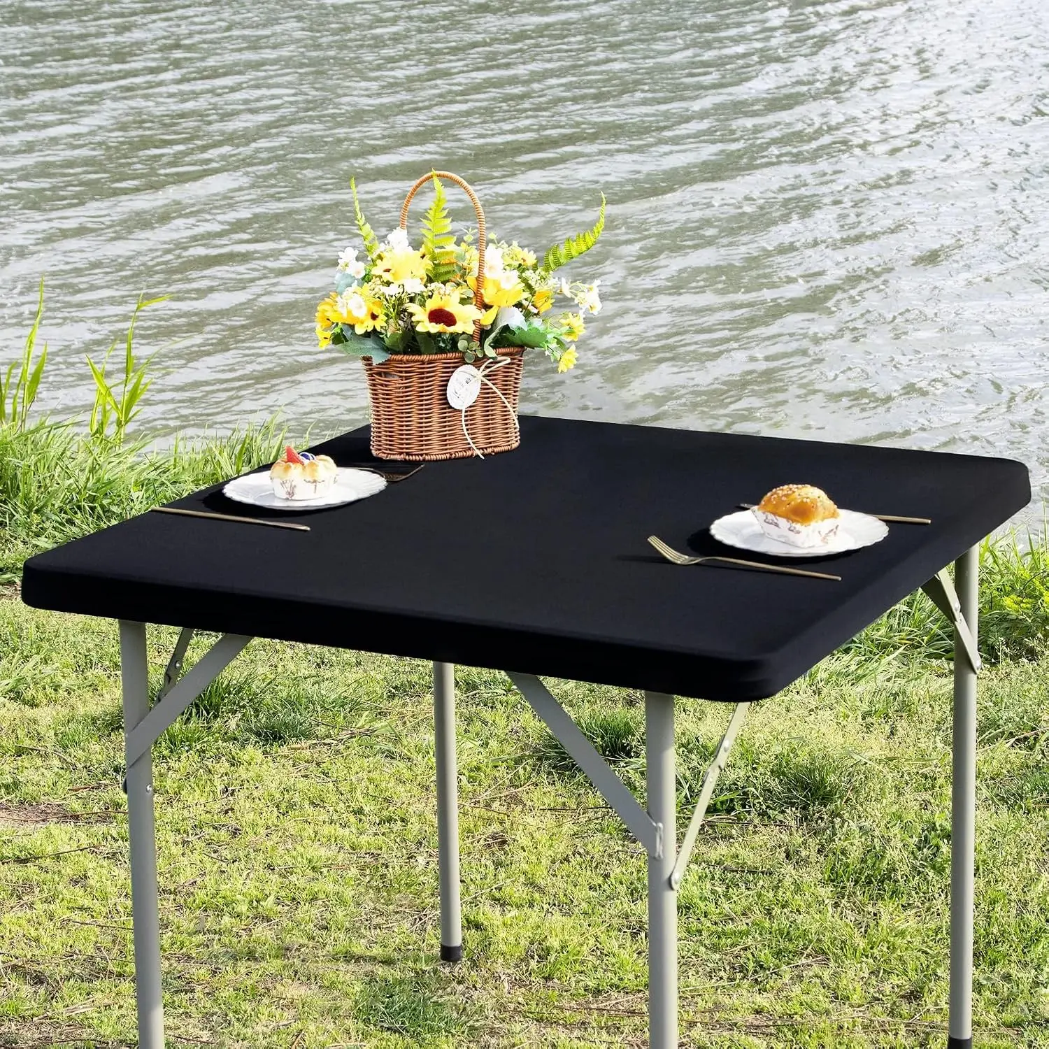 Square Fitted Table Cover Elastic Tablecloth Stretch Spandex Tables Top Cover Table Topper Cap for Dining Kitchen Home Party Black 34X34 Inch