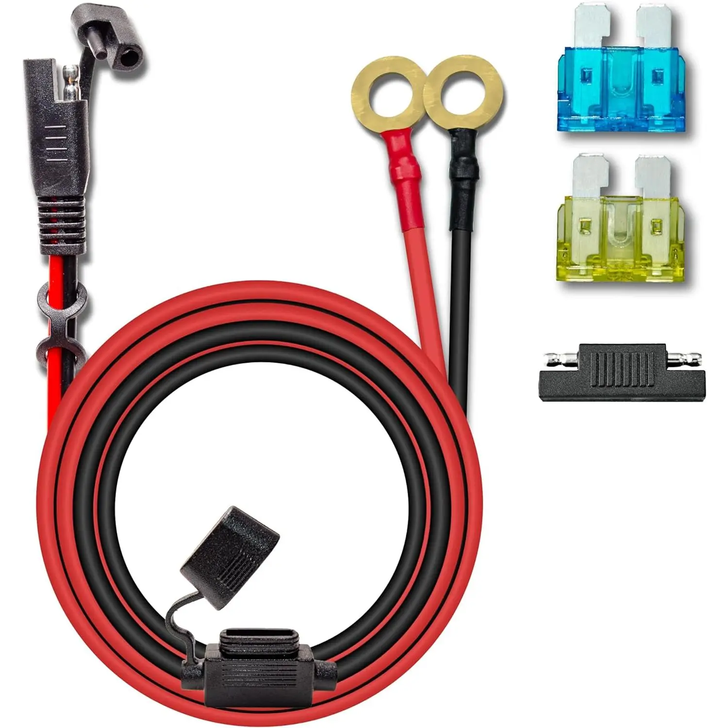 10AWG 10FT SAE to O-Ring Terminal Cable, Silicone Water Resistant Quick Disconnect Harness with 2-Pin SAE Connectors, 15A & 20A Fuses, Reverse Plug for Car, Solar Panels, Battery Lead/Light