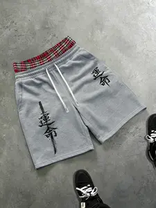 Men Drawstring Casual Shorts, Samurai Sword Fate Kanji Print Plaid Waist Oriental Streetwear Sweat Shorts With Pockets #SamuraiShorts #OrientalStreetwear #KanjiGraphicShorts #TikTokMadeMeBuyIt