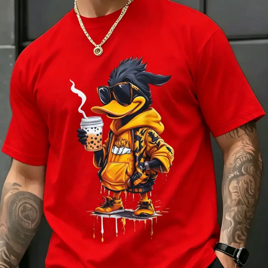 Men's Bubble Tea Duck Graphic T-Shirt, 100% Cotton Hip-Hop Tops with Sneakers Print, Relaxed Fit with Seamless Crewneck, Cargo Pants, Tshirt, Shortsleeve, Breathable, Stylish, Soft, Round Neck, Fabric, Tee, Pure Cotton, Cartoon, Crew Neck, Streetwear, Cas