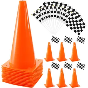 Plastic Traffic Cones with Racing Chequered Flags,  Agility Sports Cones, Thick Soccer Training Cones for Outdoor Activity, Festive Events, Fitness Training