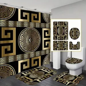 1/4 pcs black and gold geometric pattern design, shower curtain set, non-slip mat, U-shaped rug, toilet seat cover, bathroom decoration accessories, Modern bathroom decor, includes 12 shower curtain hooks