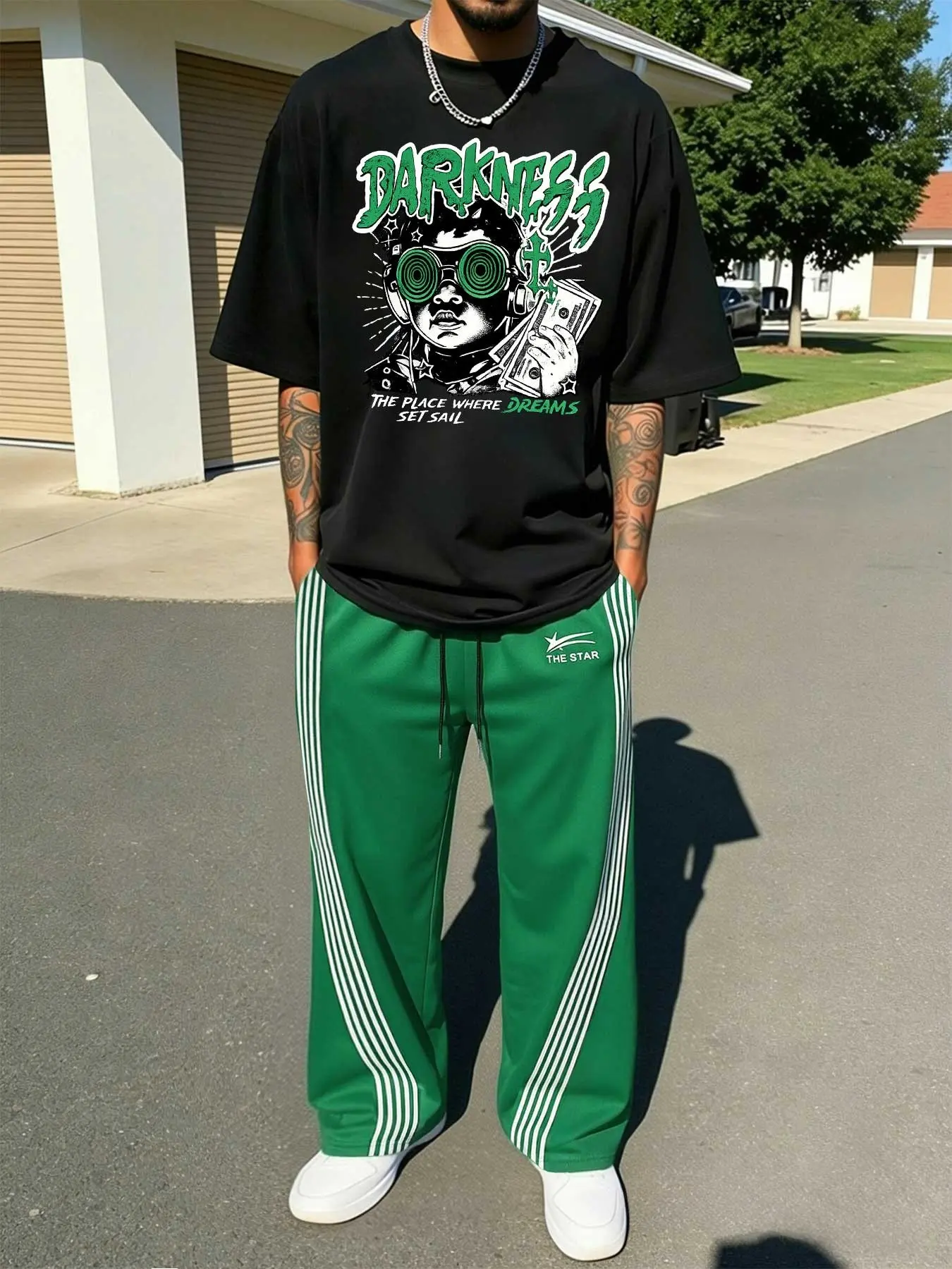 "DARKNESS" Graphic Oversized T-Shirt & Striped Wide-Leg Pants Set, Edgy Urban Streetwear Style, Soft Breathable Premium Fabric, Ideal for Street Fashion Enthusiasts & Bold Style Fans, Daily Urban Outfits, Hangouts & Trendy Looks Celebrating City Vibes