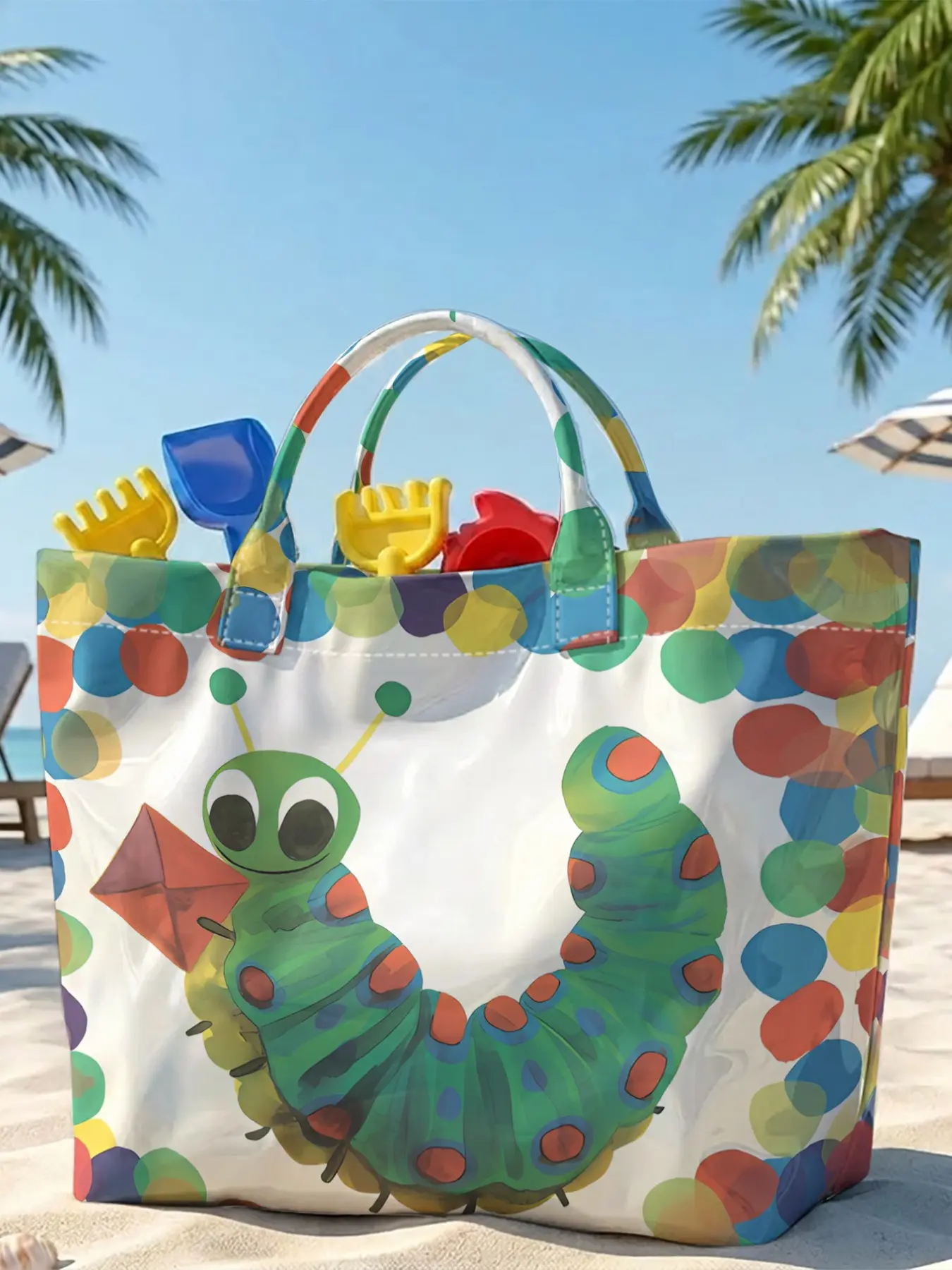 Fashion PVC Large Capacity Women's Tote Bag, Summer Bag, Cartoon Spotted Caterpillar 2D Print, Casual Duffel Bag for Daily Use, Travel, Shopping