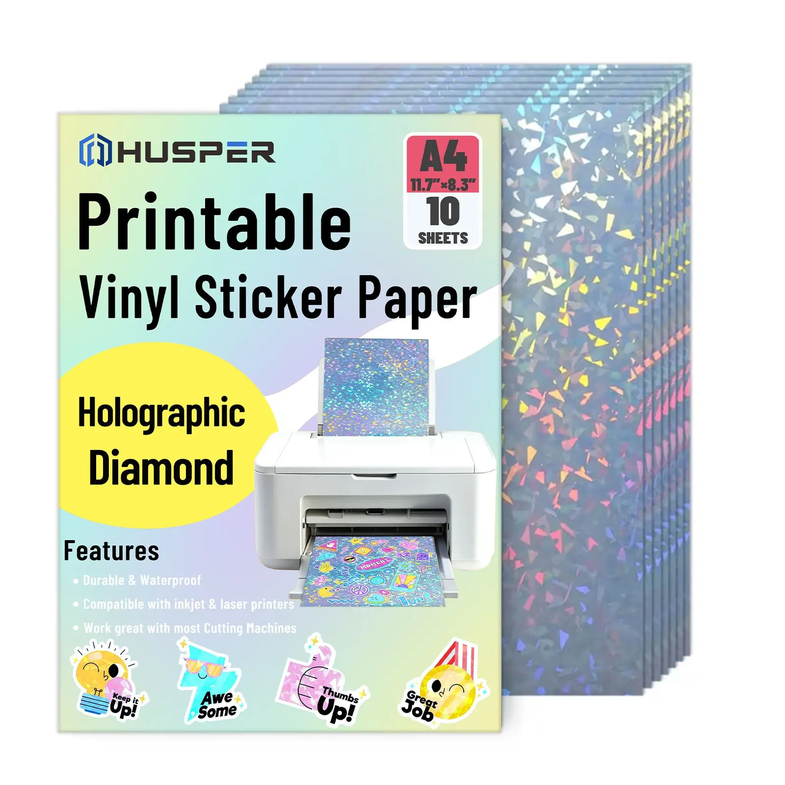 10 Sheets Printable Holographic Sticker Paper, Vinyl A4 Size, Waterproof, for Laser & Inkjet Printers, Diamond Pattern 210x297mm