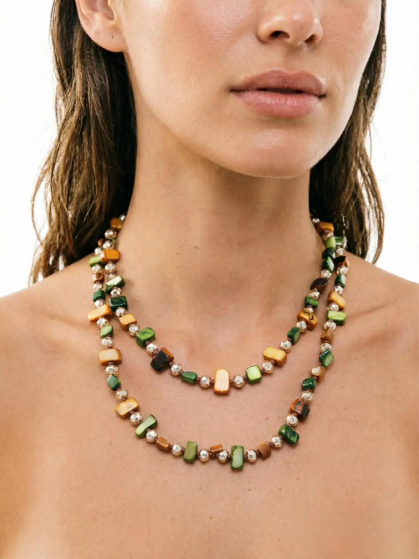 Vintage Olive Amber Beaded Necklace, Bohemian Earth Tone Long Necklace, Women's Geometric Bead Jewelry, Retro Style Accessory, Necklets