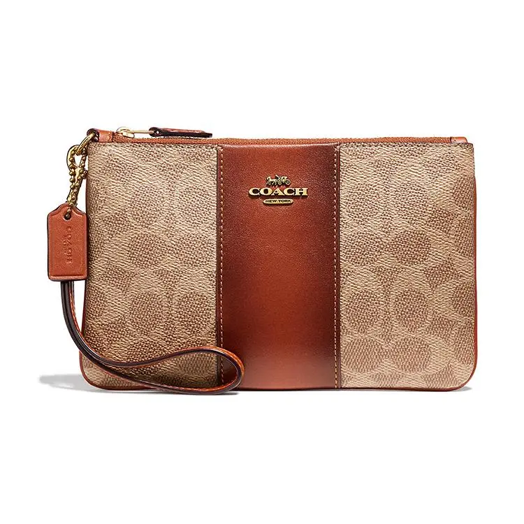COACH Wristlet 19 Small Handbag for Women – Monogram Metallic Logo Canvas and Leather, Mahjong-Style, Red-Brown