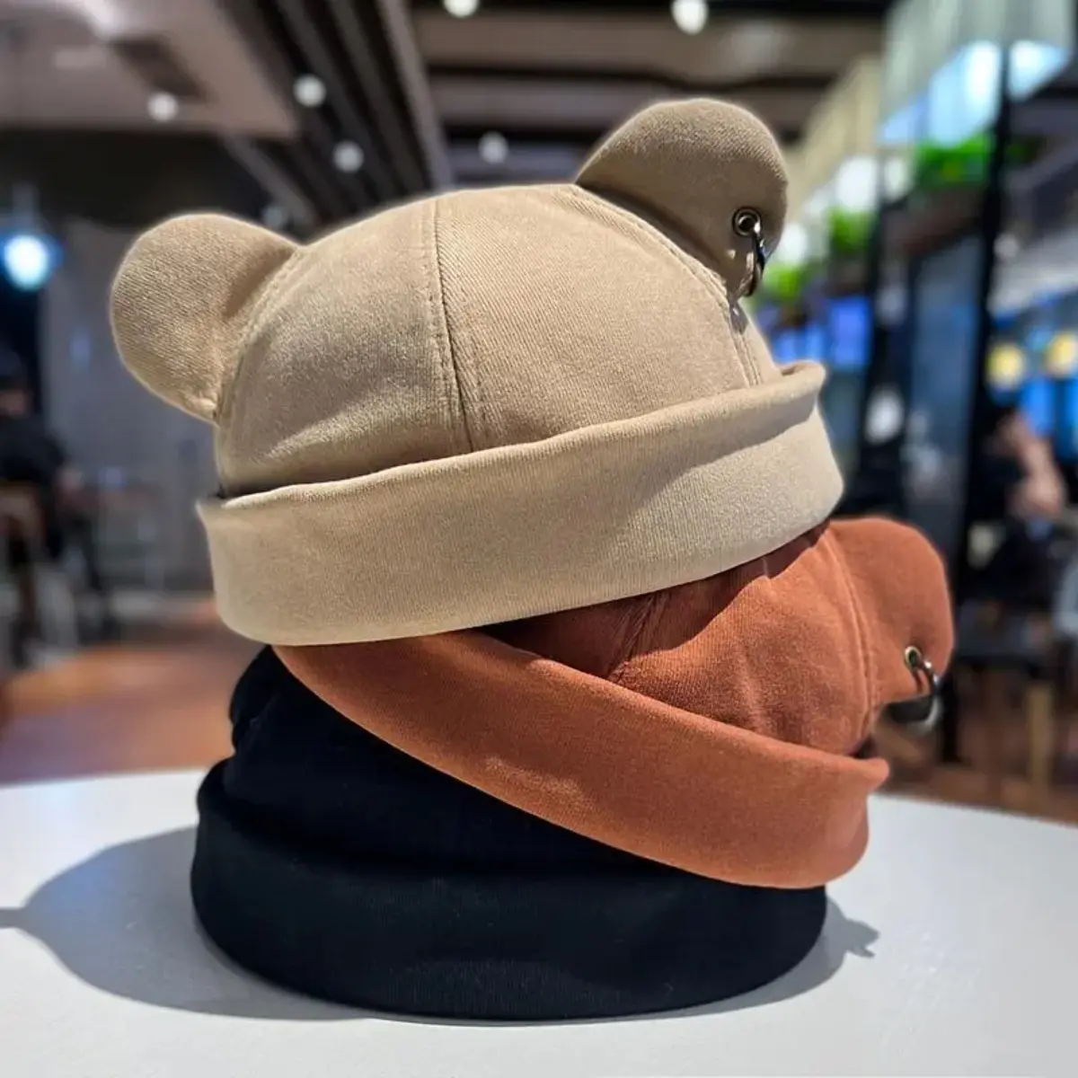 Unisex Synthetic Knit Hat - Animal Ears Detail, Rolled Cuff, Brimless, Lightweight, Machine Wash, Casual Wear for Workouts, Outdoor Activities