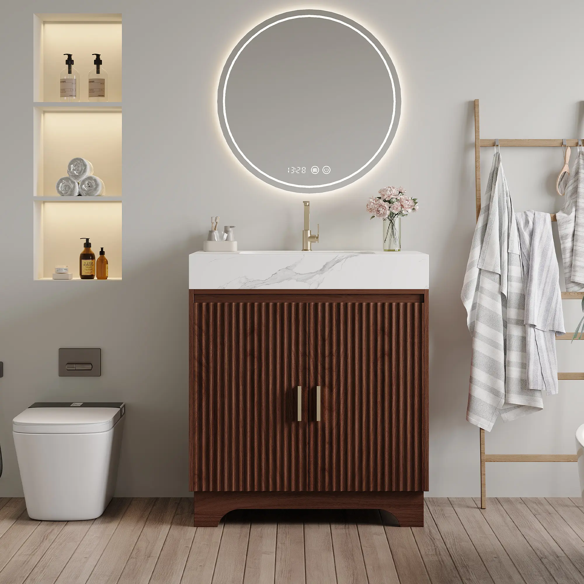 ARCH 30 Inch Freestanding Bathroom Vanity with Sintered Stone Countertop and Ceramic Sink, Modern Floor Cabinet with Soft-Close Doors, Single Basin Vanity for Bathroom Storage, White, Bathroom Furniture for Vanity Area, Storage, Remodel