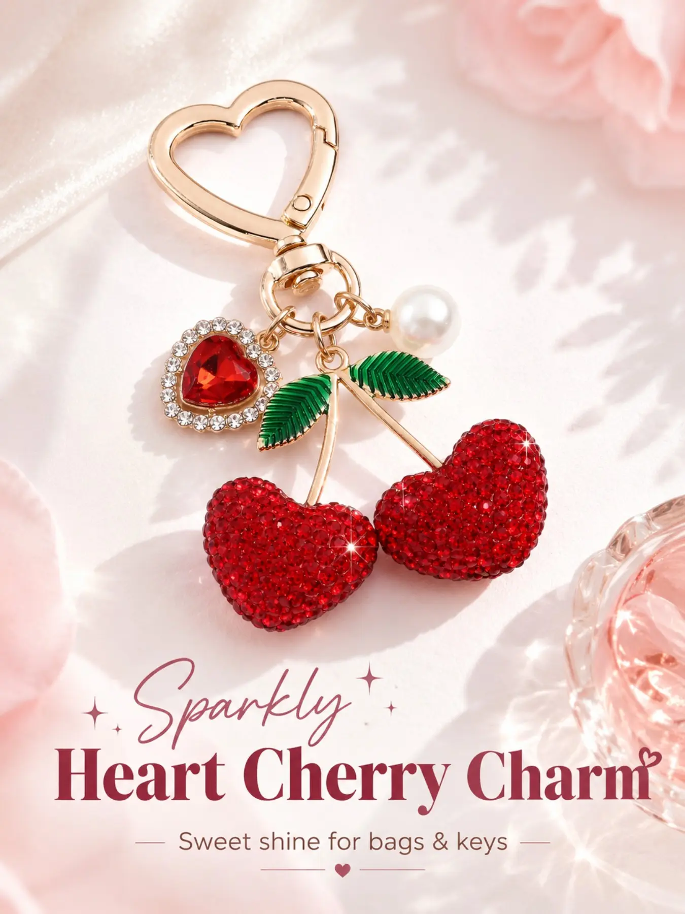 Rhinestone Heart Cherry Bag Charm Pendants, multi-color crystal cherry bag chain charms with heart carabiner, faux pearl & heart gem detail bag decoration pendant, elegant bling bag charms accessory for women handbag matching