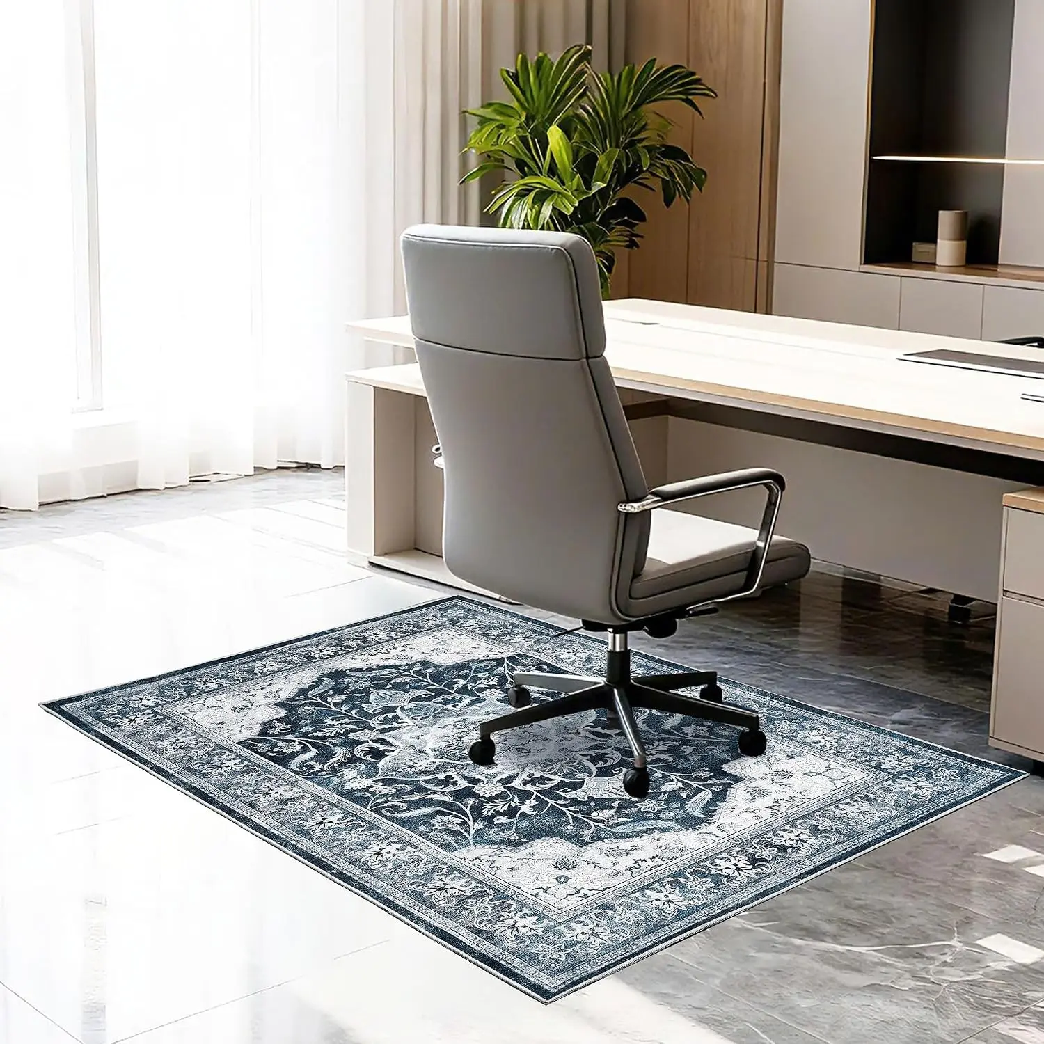 36"x48" Anti-Slip Office Chair Mat for Hardwood & Tile Floor, Machine Washable Under Desk Carpet Protector for Rolling Computer Chair, Chenille Blue