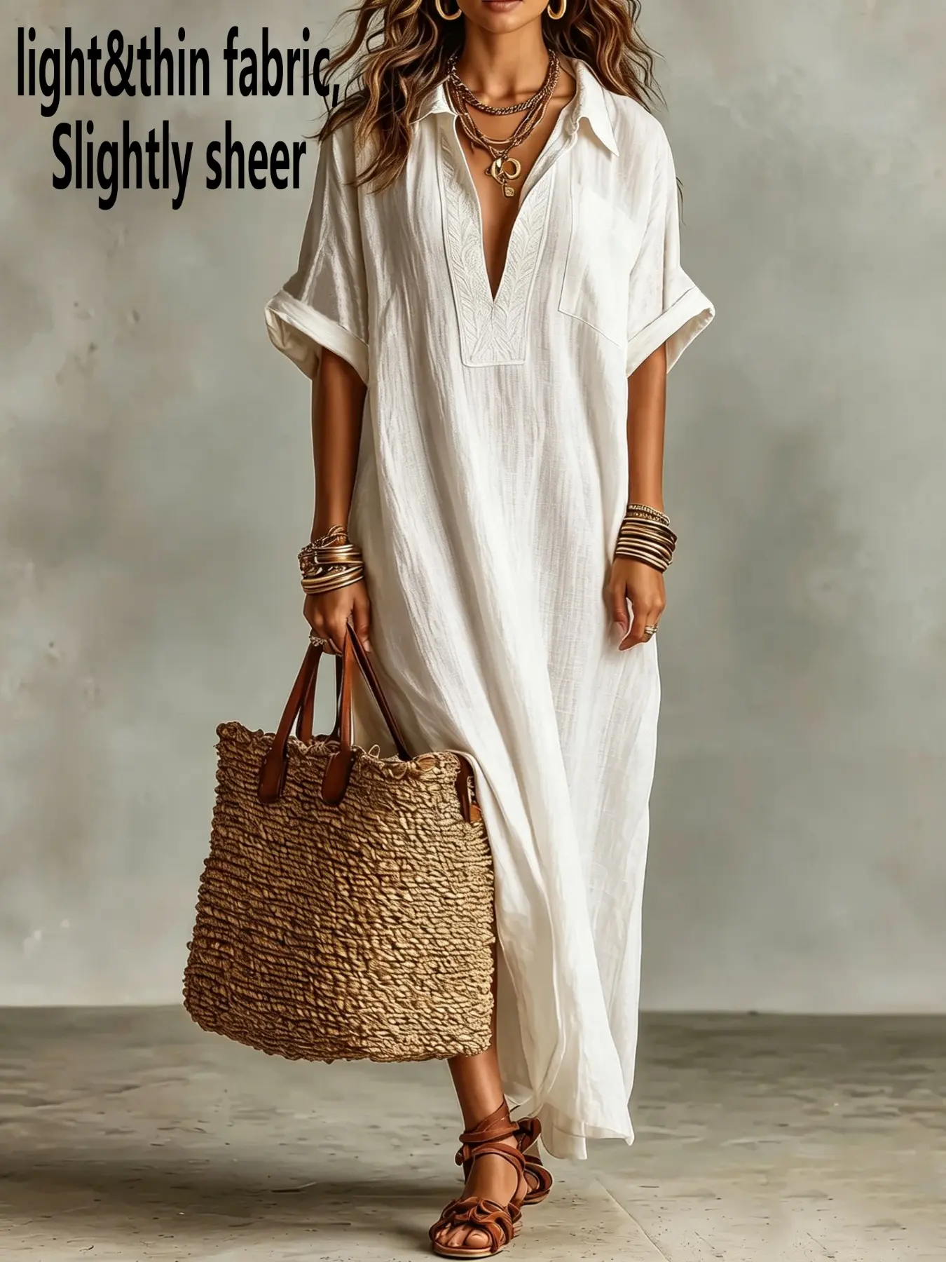 Bohemian Style Loose Fit Embroidered Front Long Shirt Dress for Beach Vacation