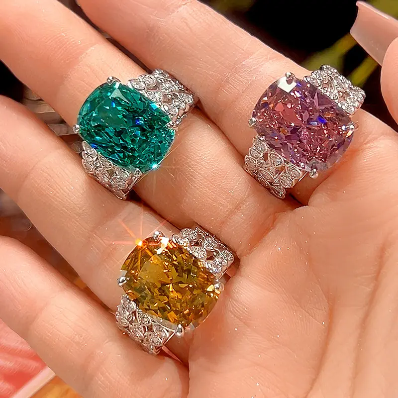 Luxury Cushion Cut Colorful Crystal Rings Silver Plated Huge Cushion Halo Engagement Ring Vintage Royal Sparkly Rhinestone Statement Cocktail Rings for Women Mother Day Gift
