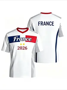 2026 France 3D Flag Print Soccer Jersey, Quick-Dry Sports T-Shirt, Casual V-Neck Short Sleeve, Unisex Summer Training Top