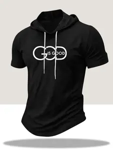 Men's "GOD IS GOOD" Geometric Print Short Sleeve Hooded T-Shirt Christian Faith Inspired Slim Fit Crewneck Hoodie Tee For Gym Training Streetwear Casual Outfits