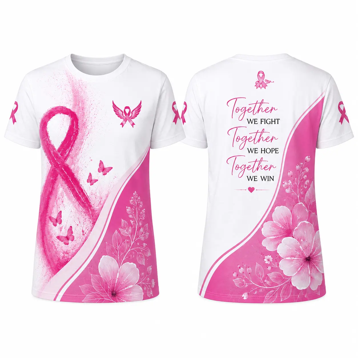 Breast Cancer Awareness Graphic T-Shirt, Together We Fight We Hope We Win Floral Pink Ribbon Top for Women, Perfect for Awareness Walks & Support Gatherings