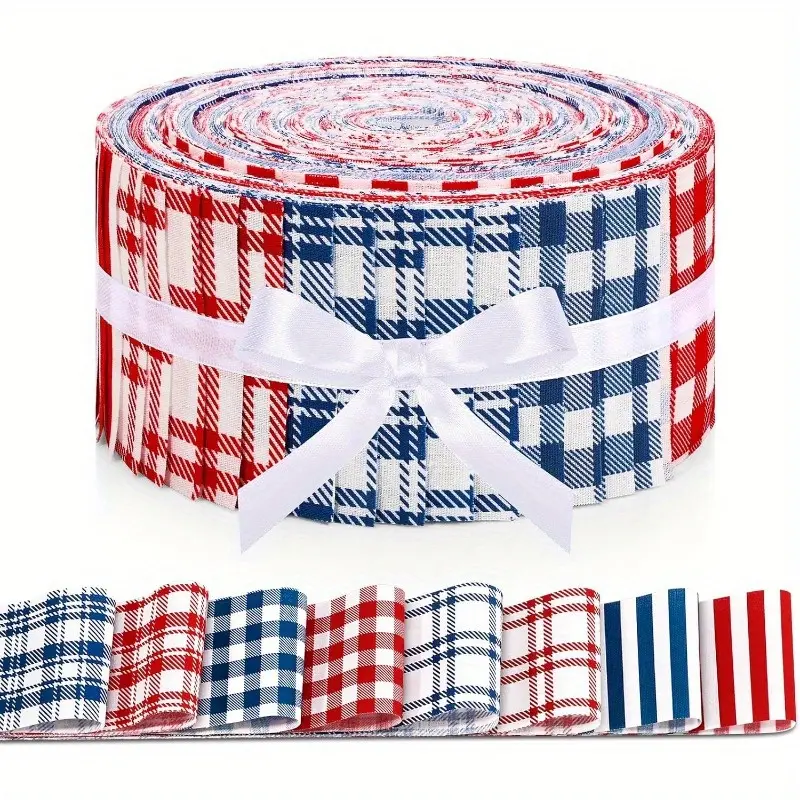 0Pcs Plaid Fabric Strips Red and Blue Gingham Patterns Precut Quilting Strips 2.55x19.7 Inch Cotton Fabric Roll for Home Decor Doll Clothes DIY Crafts
