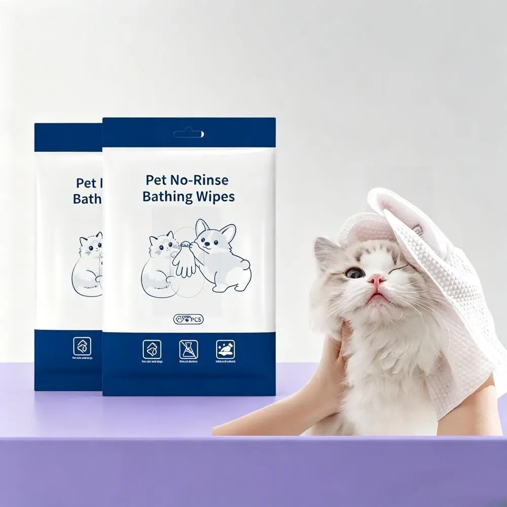 Disposable Glove-Shape Pet Cleaning Wipes, Odor Control No-Wash Grooming Supplies for Cats, Portable Daily Use Pet Fur Cleaning Accessories (Wipe Material)