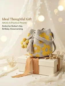 Handmade Crochet Flower Bucket Bag, Women's Mesh Knit Shoulder Bag, Cute Floral and Fringe Decor, Large Capacity, Fashionable, All Seasons