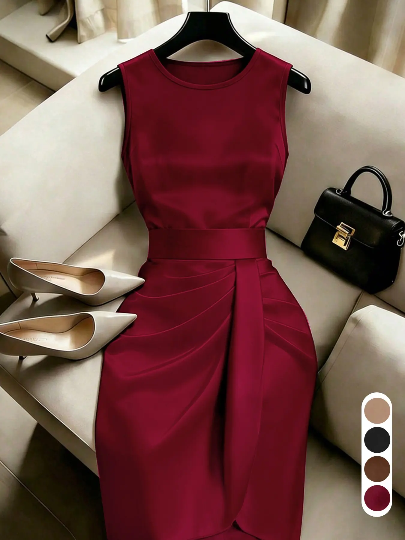 Glossy Midi Dress, Round Neck Sleeveless High Waist Dress, Elegant Office Wear, Asymmetric Hem & Ruched Design