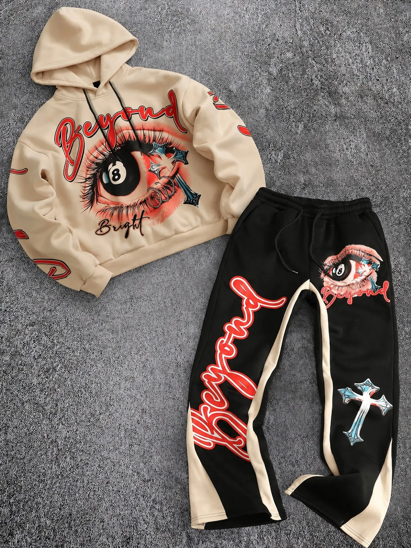 Gothic Streetwear Set, Men's Short Sleeve Printed Sweatshirt & Colorblock Wide Leg Pants, Cross Eye Letter Print, Drawstring Waist, Fall Winter