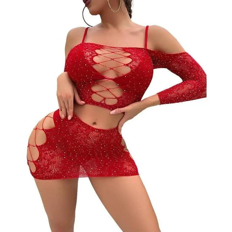 Women's Fishnet Mesh Tube Top Set with Cut-Out Detail, Rhinestone Studded Short Skirt, Sparkly Club & Party Costume Lingerie, Club Wear
