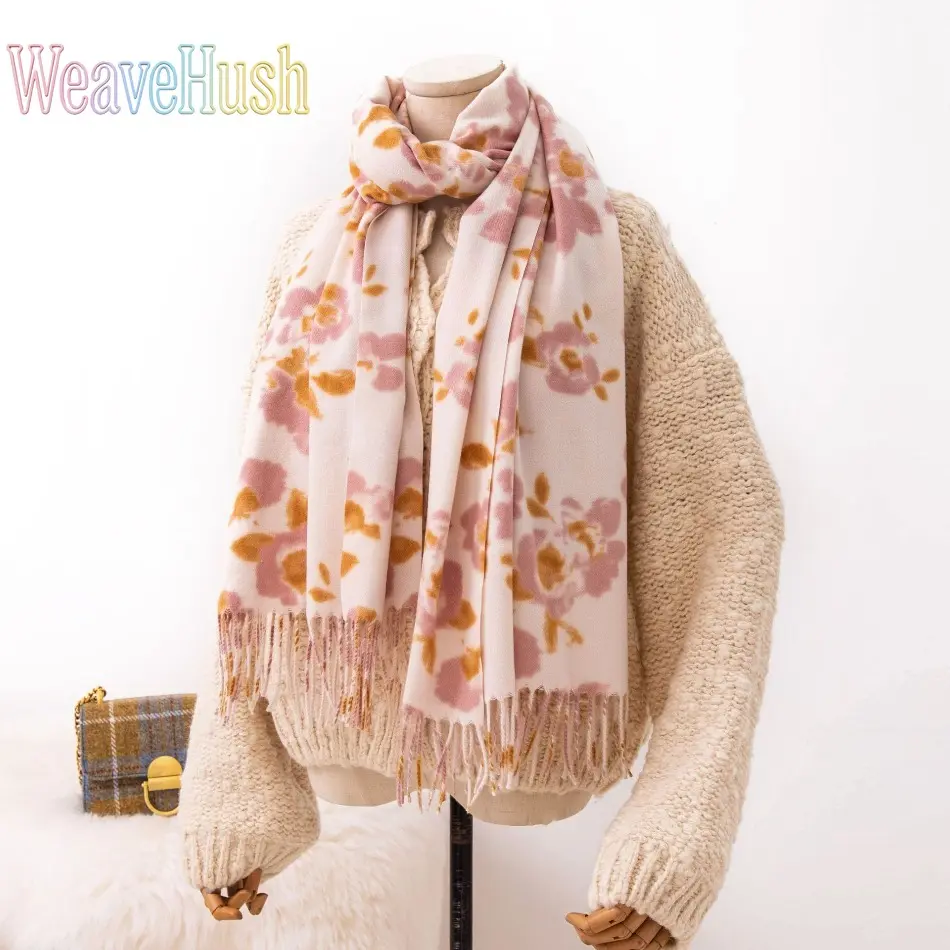 Women's Spring Autumn Pink Floral Print Tassel Scarf, Elegant Soft Lightweight Shawl, Sophisticated Versatile Daily Fashion Neck Wrap Accessory