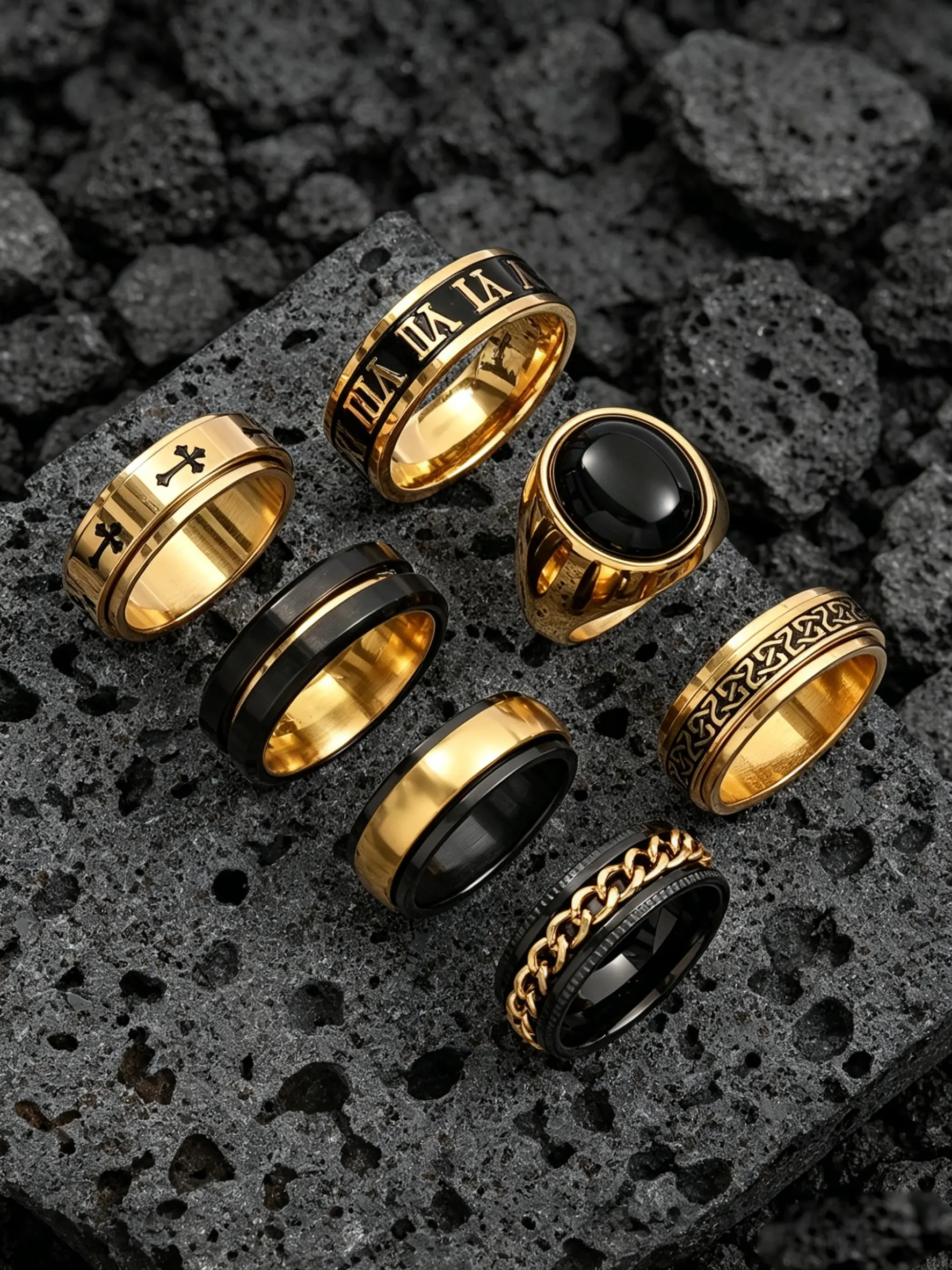 18K Gold Silver Multi Style Stainless Steel Band Rings, Beautiful Rings, Black Onyx Signet Cross Roman Numeral Twist Chain Spinner Rings Unisex Stackable Jewelry Suitable For Daily Life Party Matching Valentine Christmas Gift