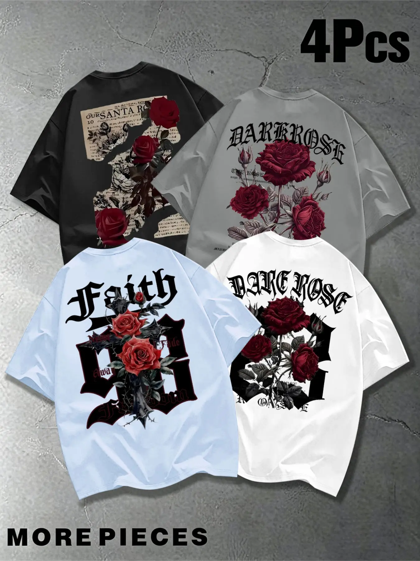 4 Pcs Men, Menswear Crew Neck Short Sleeve T Shirts Dark Rose Gothic Letter Newspaper Back Graphic Print Vintage Streetwear Loose For Daily Outdoor Summer Leisure Hip Hop Outfit