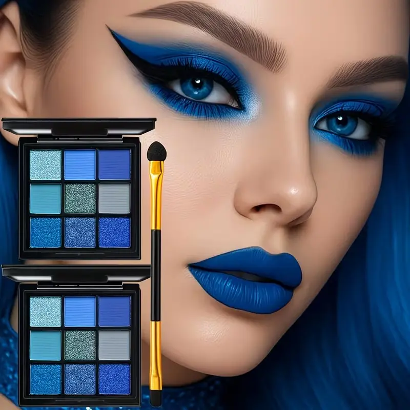 Rebellious Girl Blue Eyeshadow Set, Eyeshadow Palette, 3-Piece Kit with 18 Shades, Dual-Ended Brush, Perfect for Various Makeup Looks