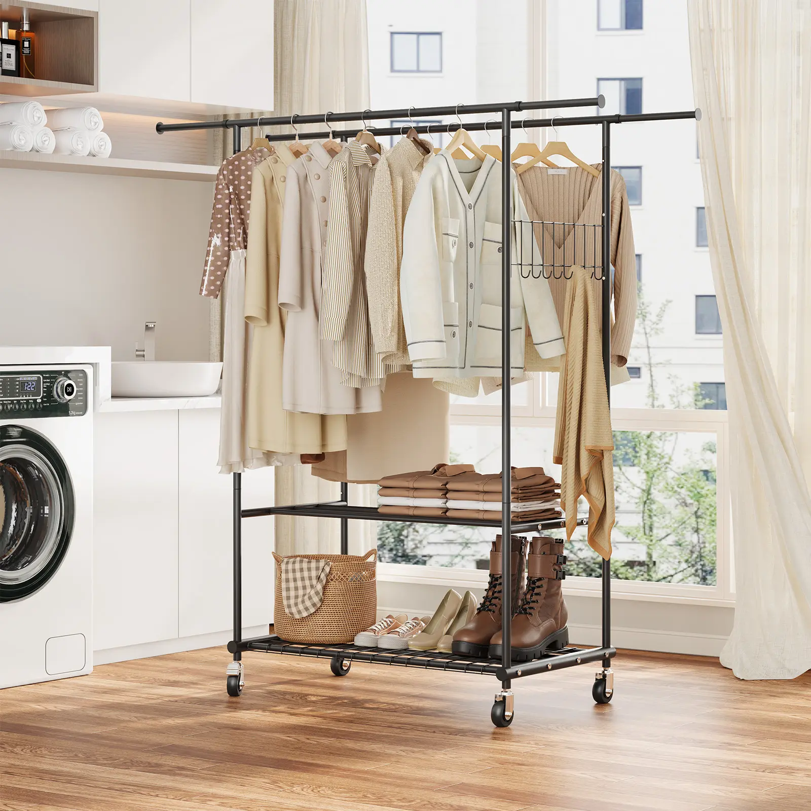 Garvee Heavy Duty Adjustable Clothes Rack - Double Hanging Rods, Sturdy Shelves, Lockable Wheels - Expandable Garment Organizer for Bedroom Closet - Max Load 249kg - Black