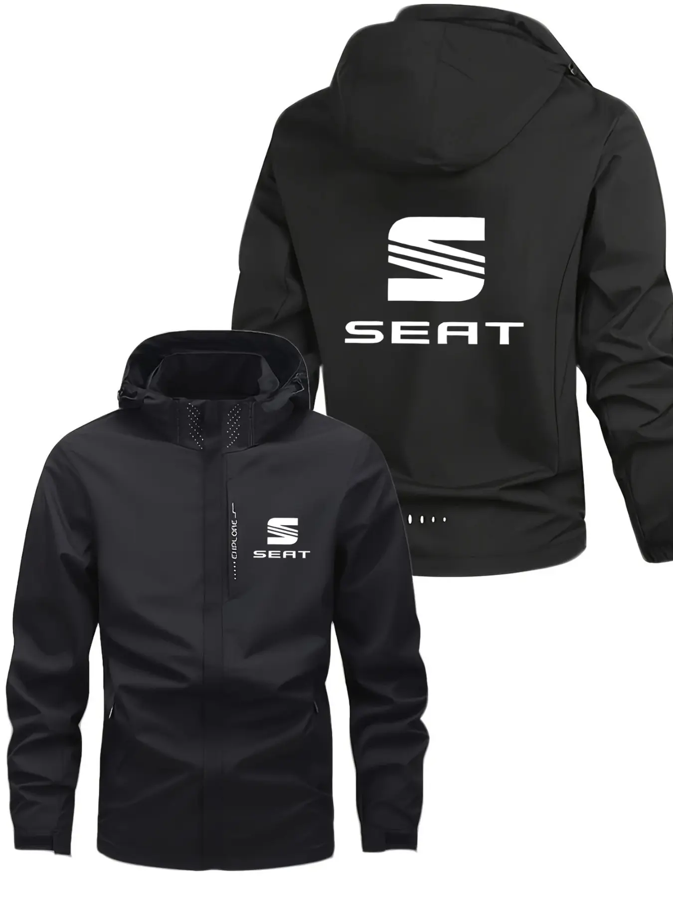 Men's Fashion Seat Logo Lightweight Outdoor Jacket, Casual Long Sleeve Slim Fit, Print Design, Zip Pockets, Spring & Fall Outerwear