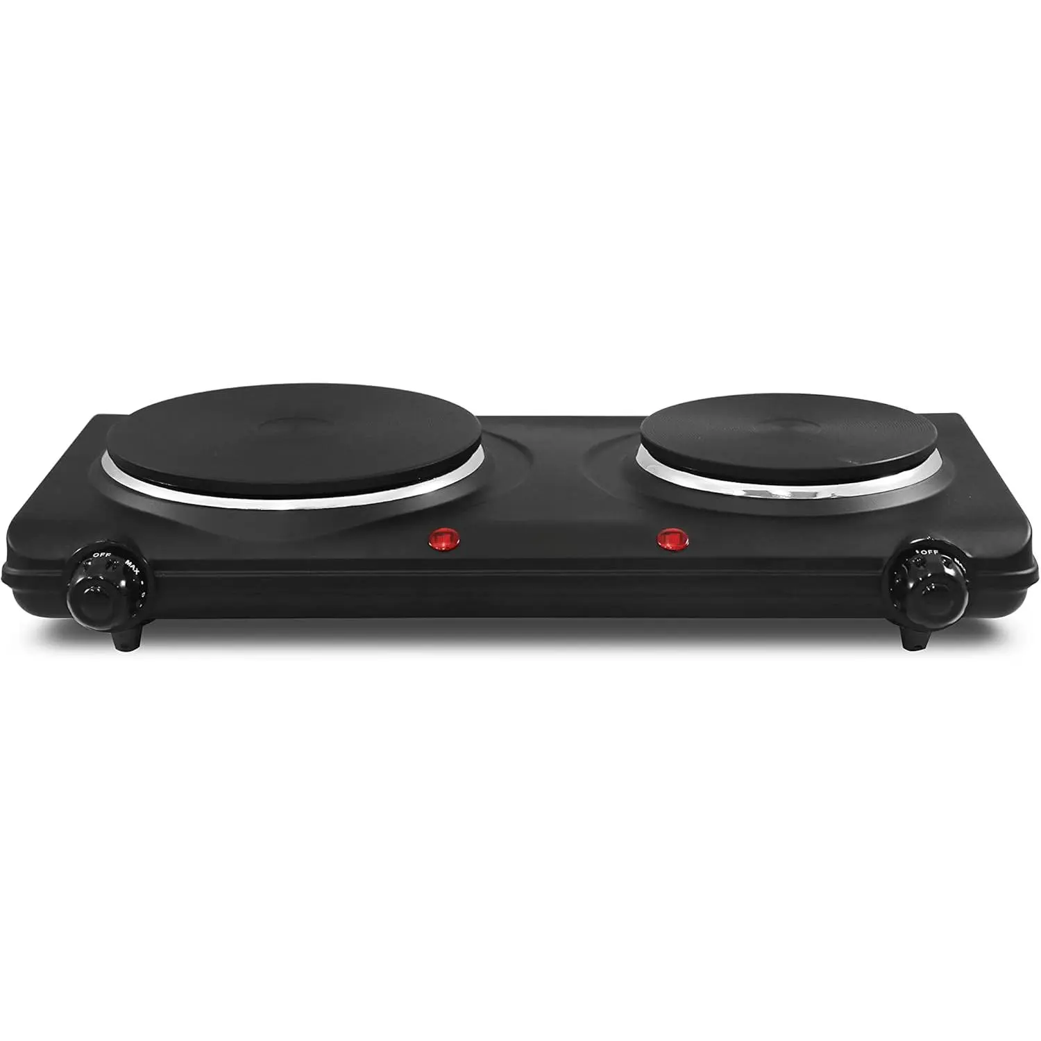 1500W Power Electric Cast Iron Double Burner Countertop Hot Plate for Home Users, Manual Precise Temperature Control, Power Indicator Lights, Easy-Clean Black Home Supply, Compact, Double Burners
