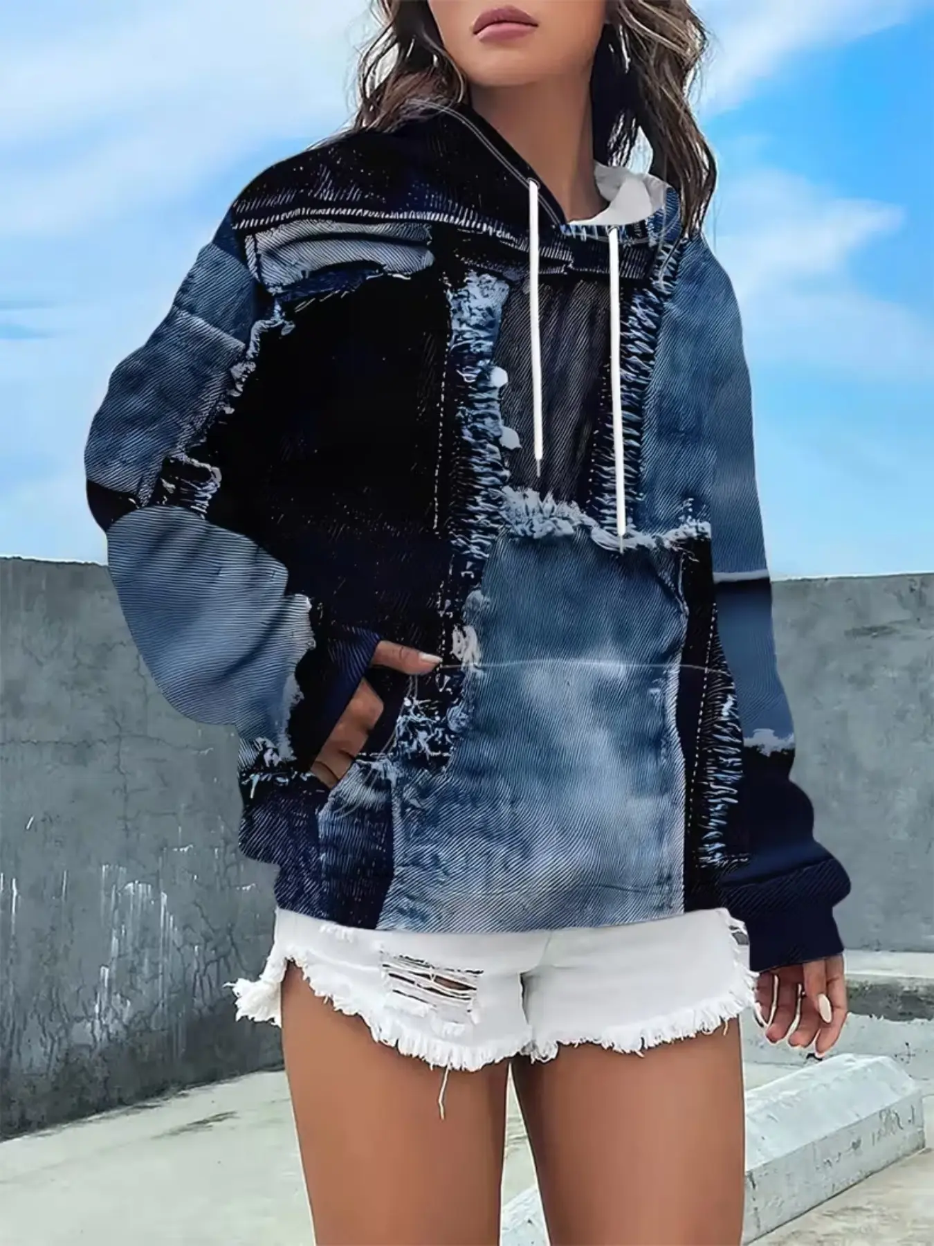 Women's Denim Patchwork Hooded Sweatshirt, Casual Long Sleeve Pullover, Comfortable Daily Wear, Trendy Fashion Top