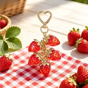 Glitter Transparent Red Strawberry Cluster Keychain | Heart Shape Spring Carabiner Multi-Chain Berry Bag Charm Valentine's Day Fox Pendant