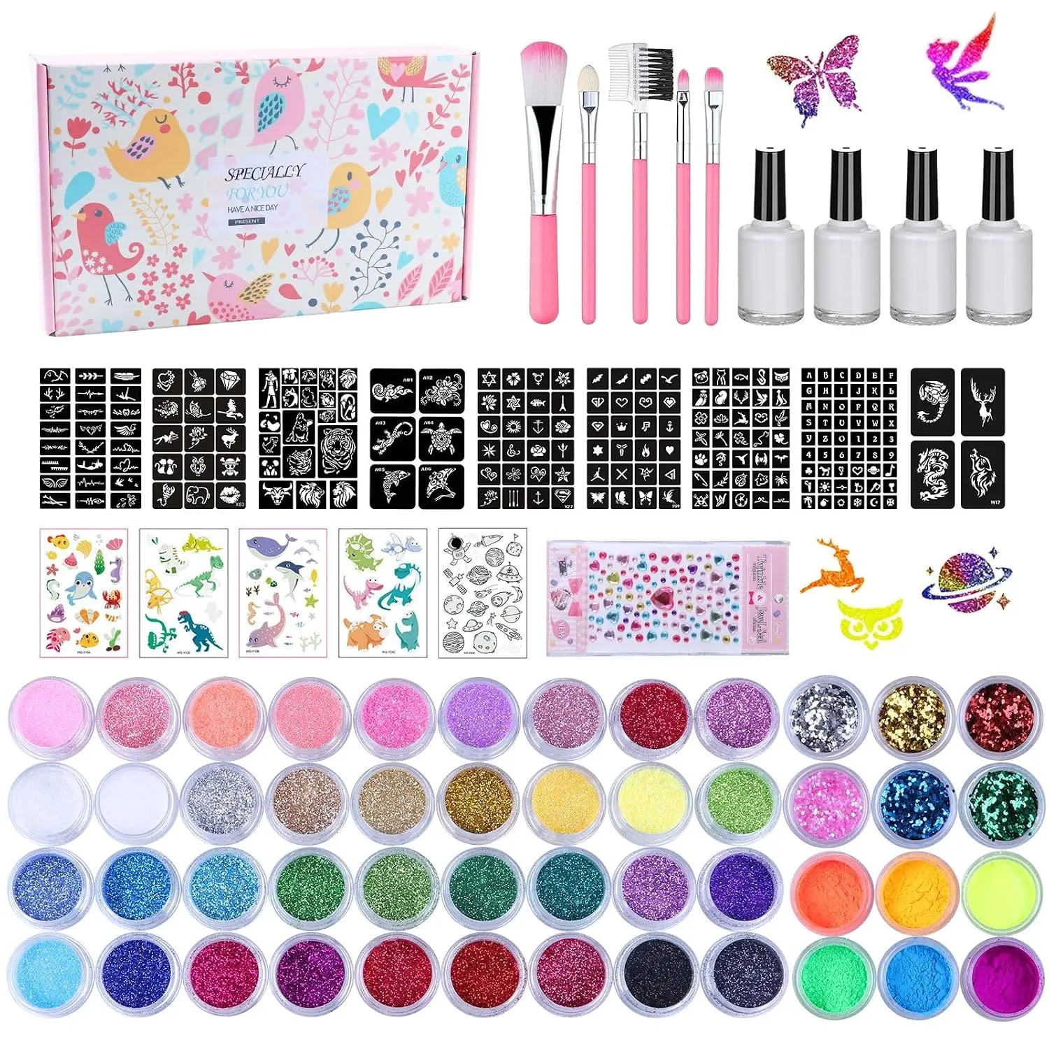 Unisex Temporary Glitter Tattoo Kit - LCDGTJ, 42 Glitter & 6 Fluorescent Hues, 209 Stenciled Designs, 4 Safe Glue Tubes, 5 Brushes, 1 Diamond Sticker, Easy Removal Face Body Art Birthday Party Supplies