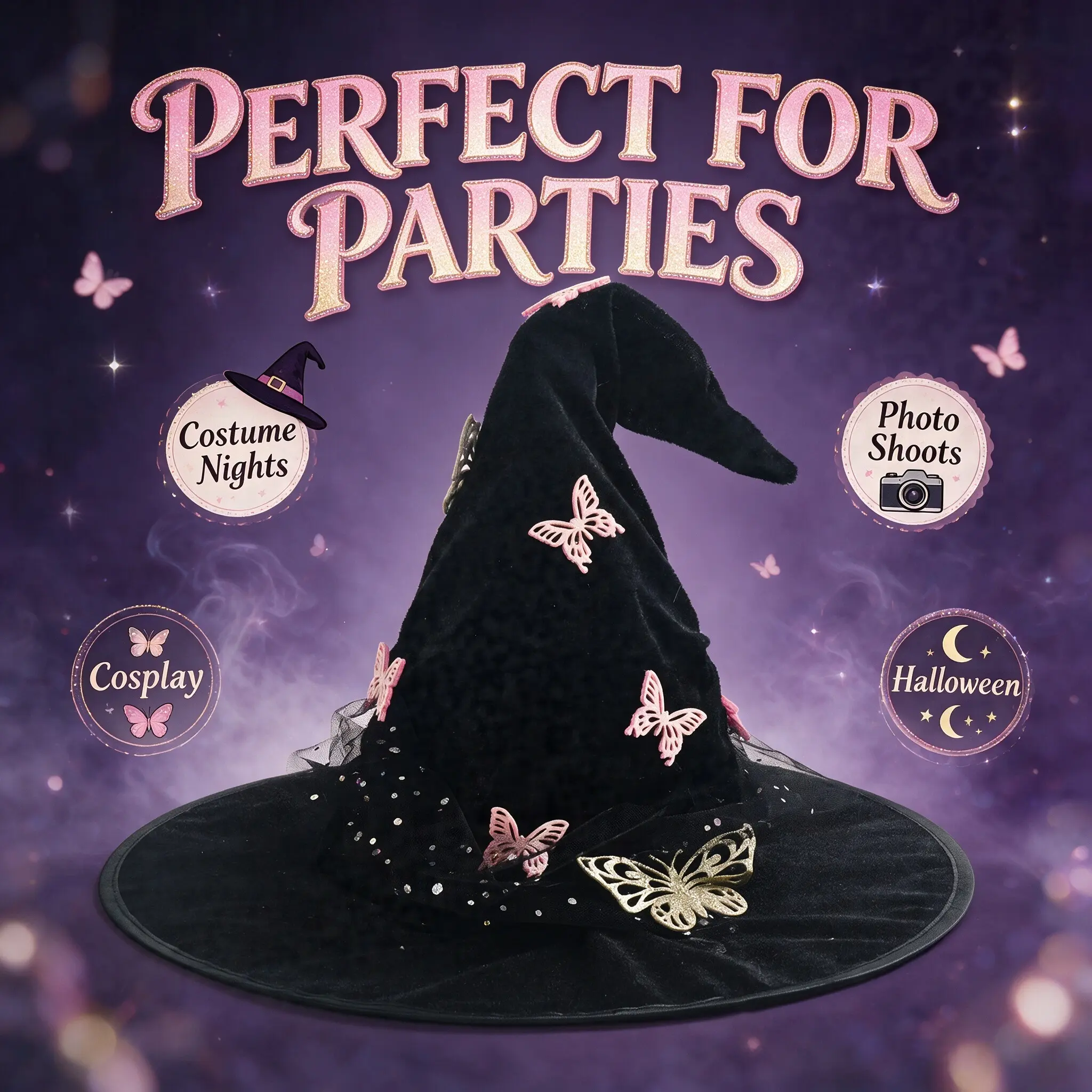 Popular Halloween Witch Hat with Curved Horn, Ruched Butterfly Mesh Design, Vintage Ruched Curved Horn Wizard Hat, Sheer Butterfly Mesh Detail Structured Shape, European Style Party Decoration Cosplay Wizard Hat for Women