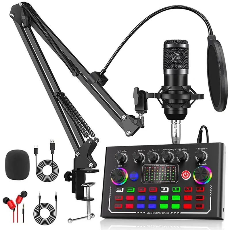 Professional Sound Card Podcast Recording Device Set, BT-compatible Connection, Bm-800 Microphone Kit, Lights for Atmosphere, for Phone/PC/laptop, Live Streaming Equipment